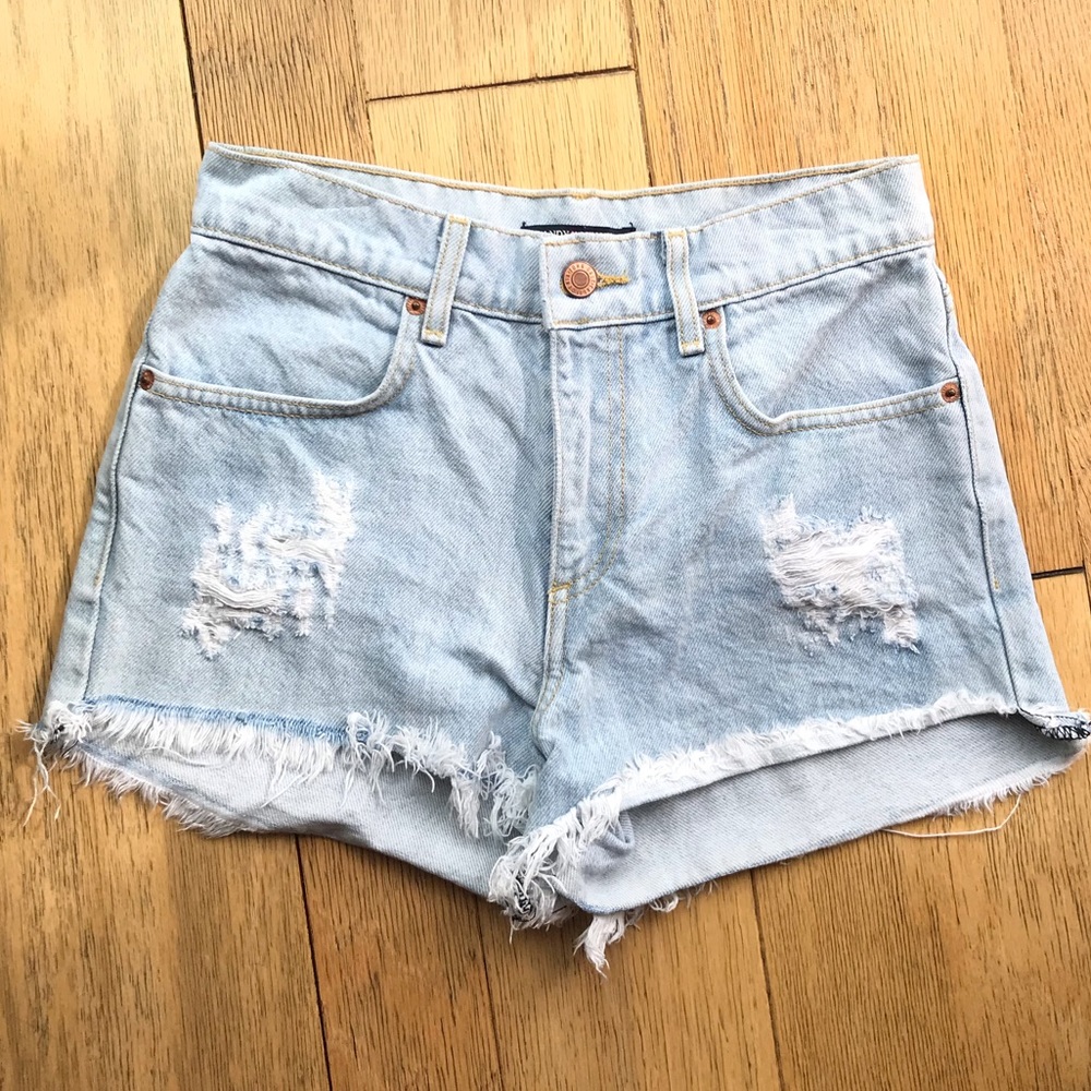 High Waisted Light Wash Distressed Denim Shorts